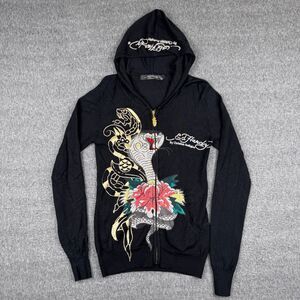 Vintage Ed Hardy Hoodie Women's XS Black Snake Tattoo Grunge Full Zip Jacket Y2K
